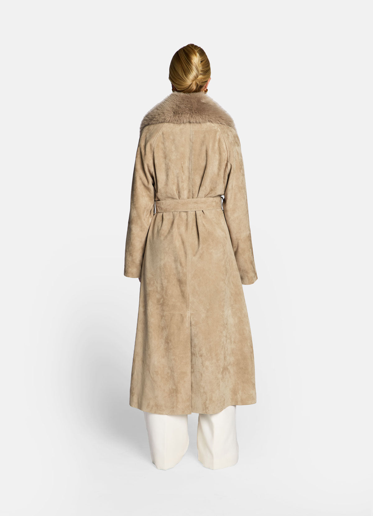 Sand Suede Wrap Coat With Faux Fur Trim