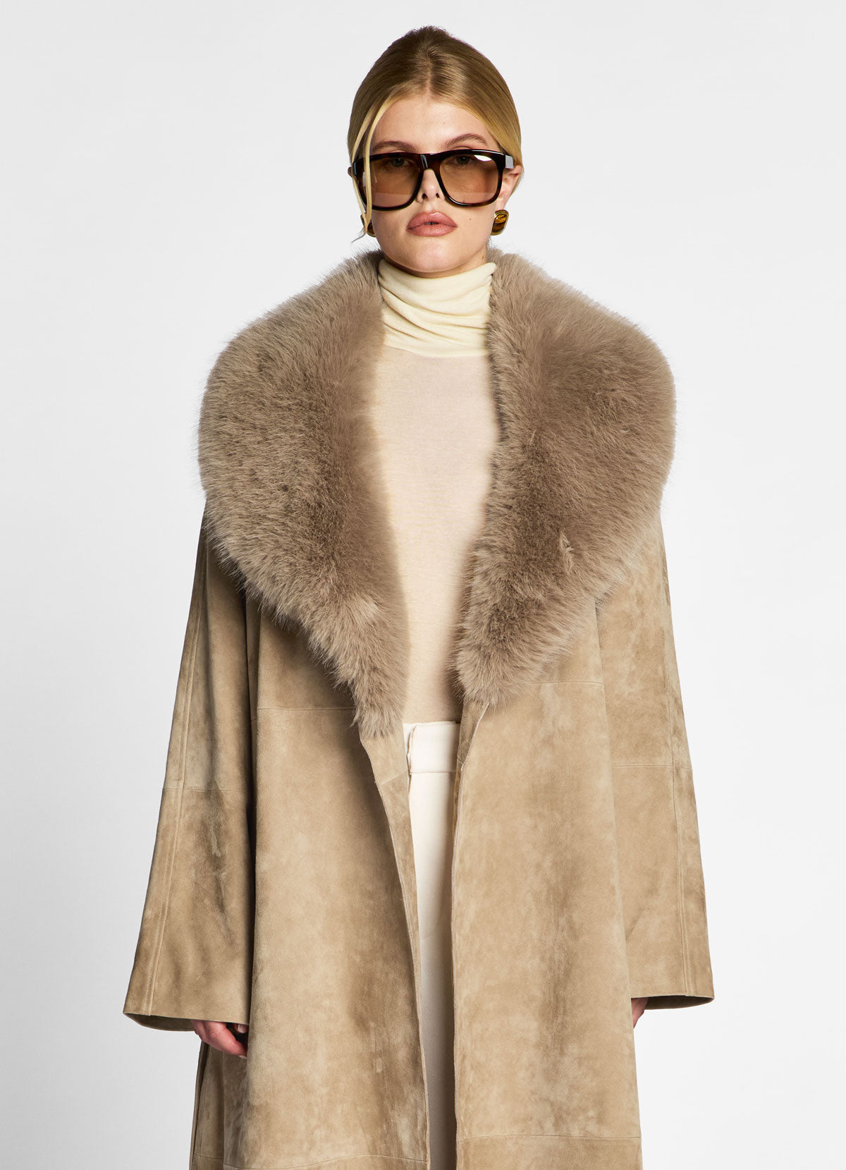 Sand Suede Wrap Coat With Faux Fur Trim