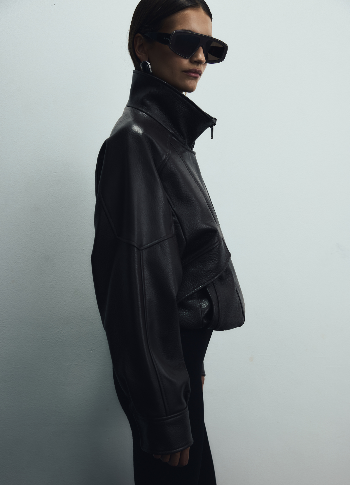 Black Vintage Leather Relaxed Bomber Jacket