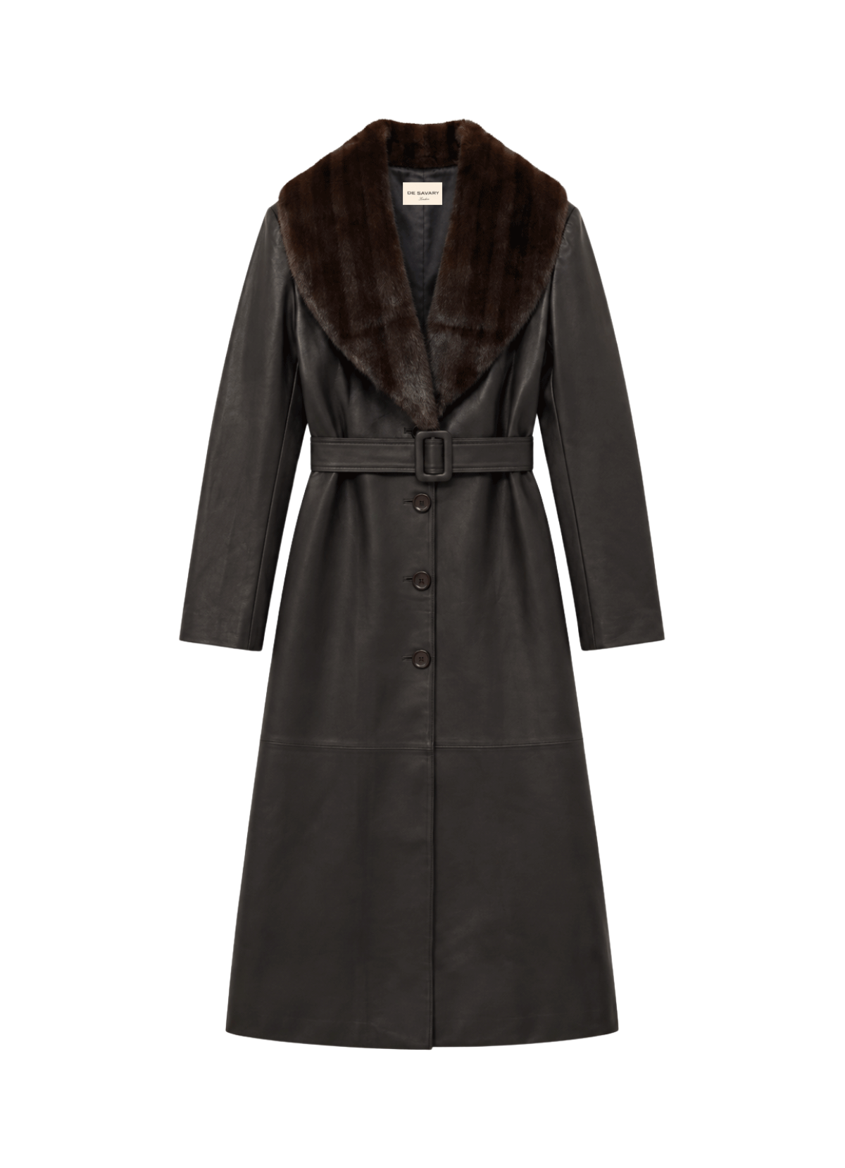 Brown Leather Faux Fur Trim Trench Coat