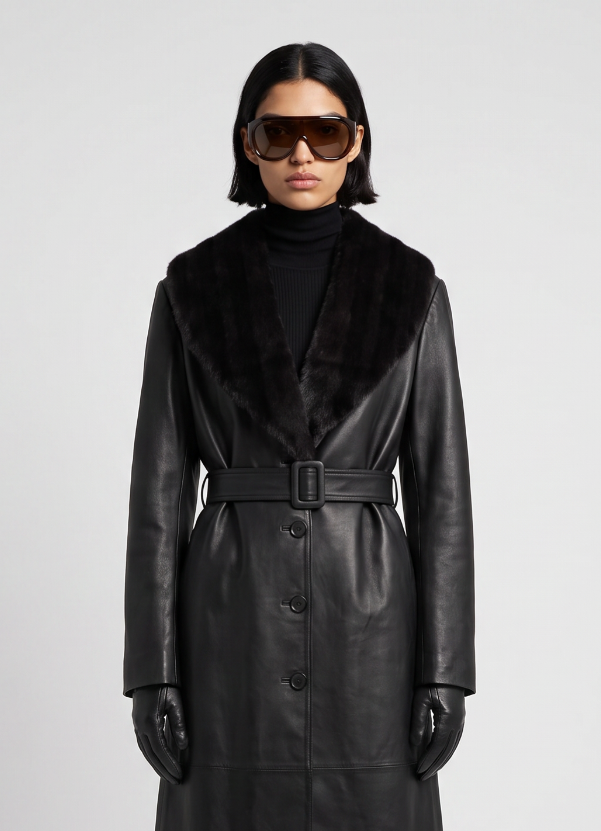 Black Leather Faux Fur Trim Trench Coat