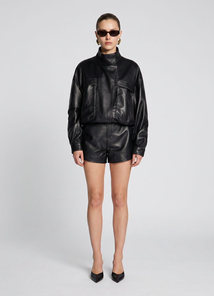 Black Cropped Leather Bomber Jacket