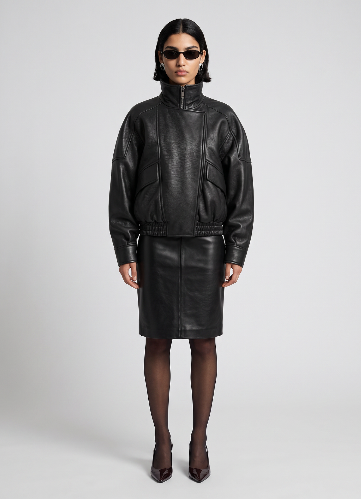 Black Vintage Leather Relaxed Bomber Jacket