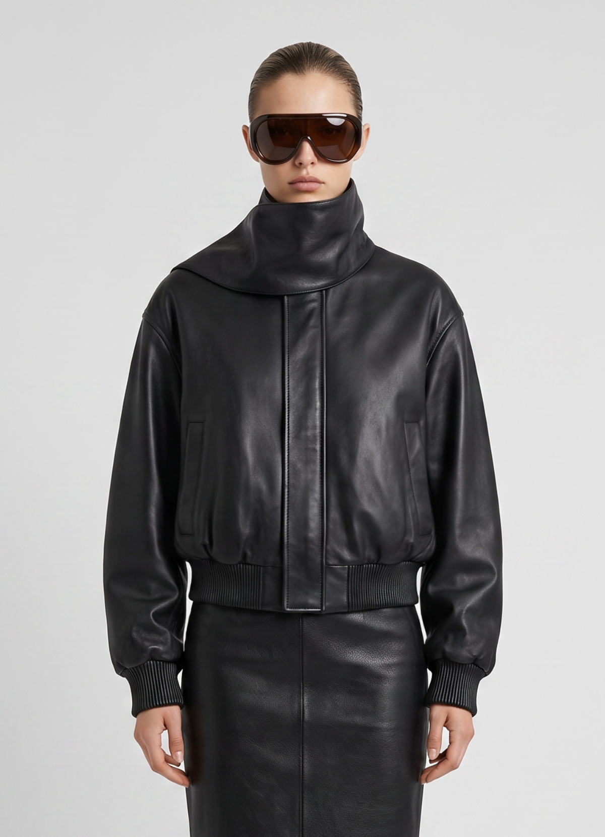 Black Leather Scarf Bomber Jacket