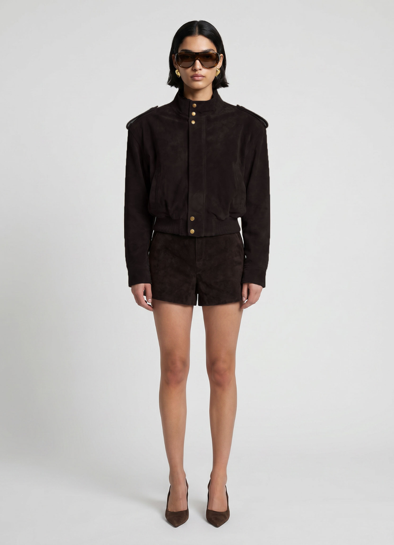 Espresso Suede Cropped Bomber Jacket