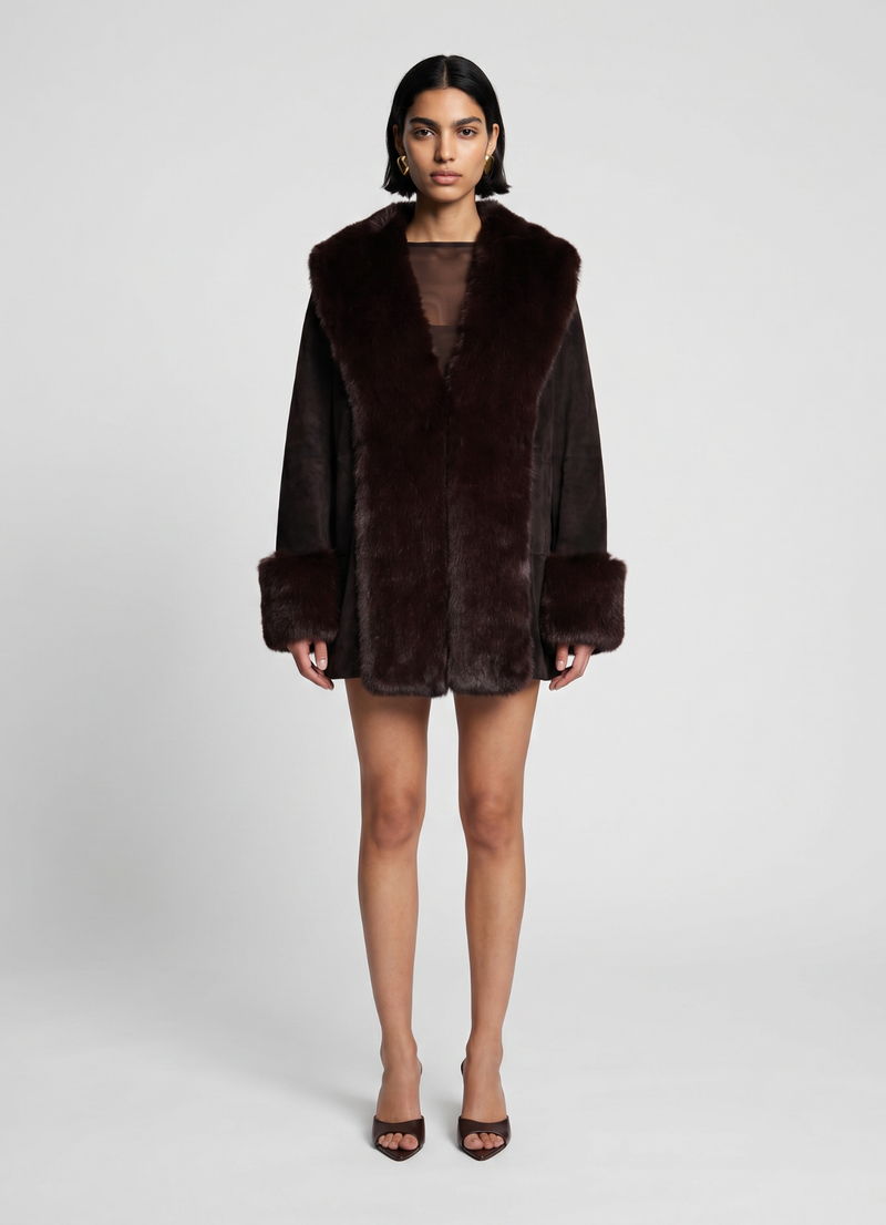 Espresso Suede Faux Fur Trim Coat