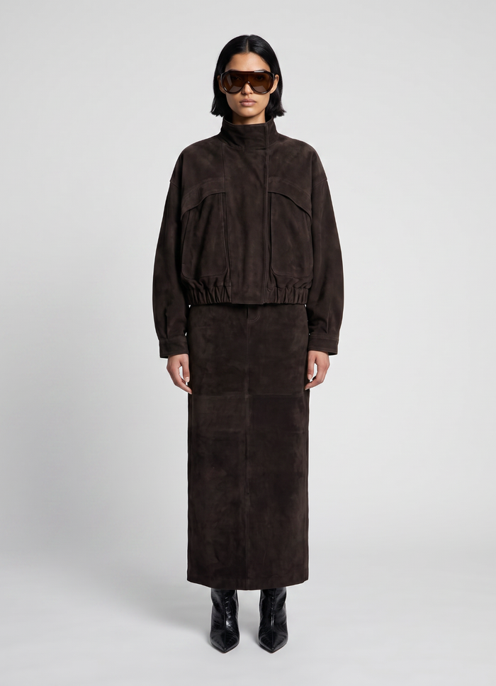 Espresso Suede Relaxed Bomber Jacket