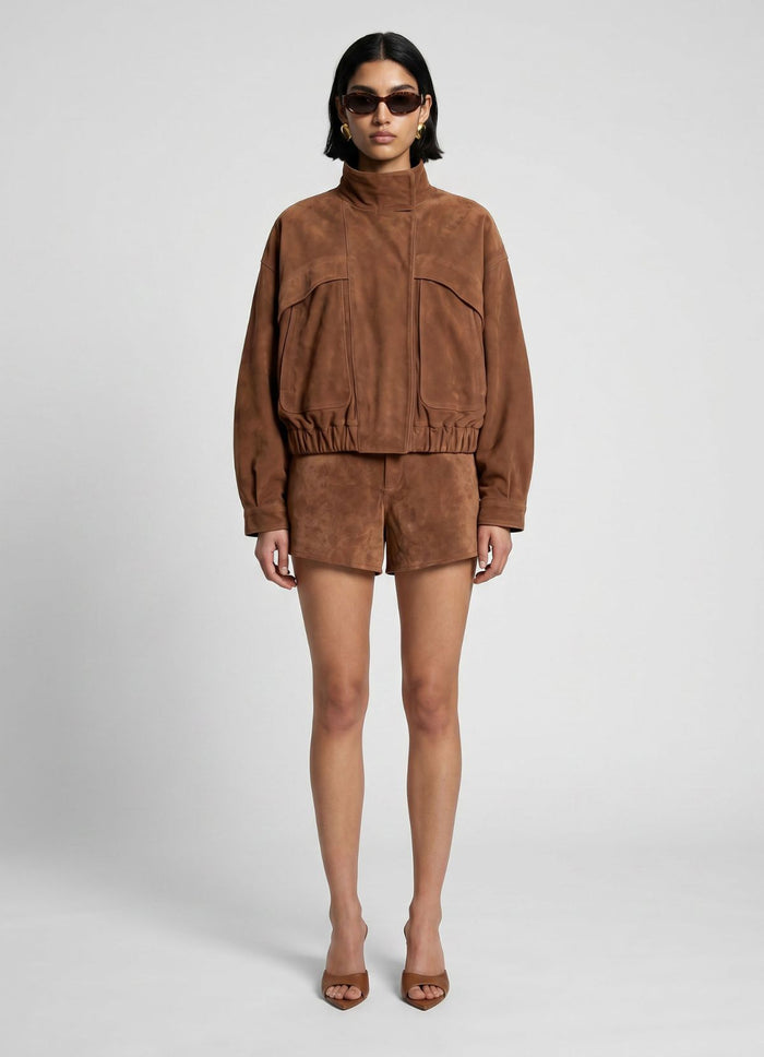 Mocha Suede Relaxed Bomber Jacket