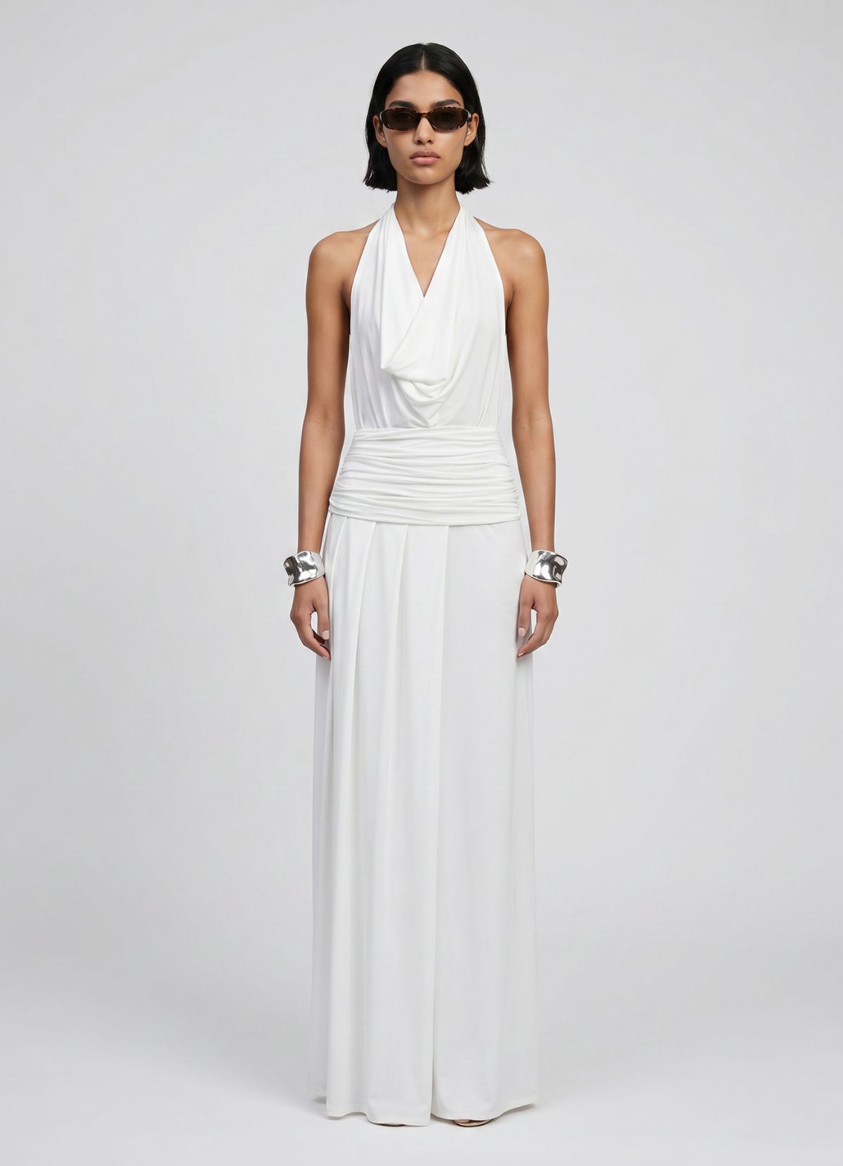 White Draped Halter Maxi Dress